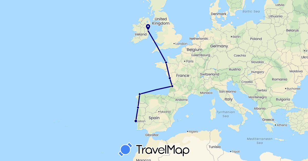 TravelMap itinerary: driving in Spain, France, Ireland, Portugal (Europe)
